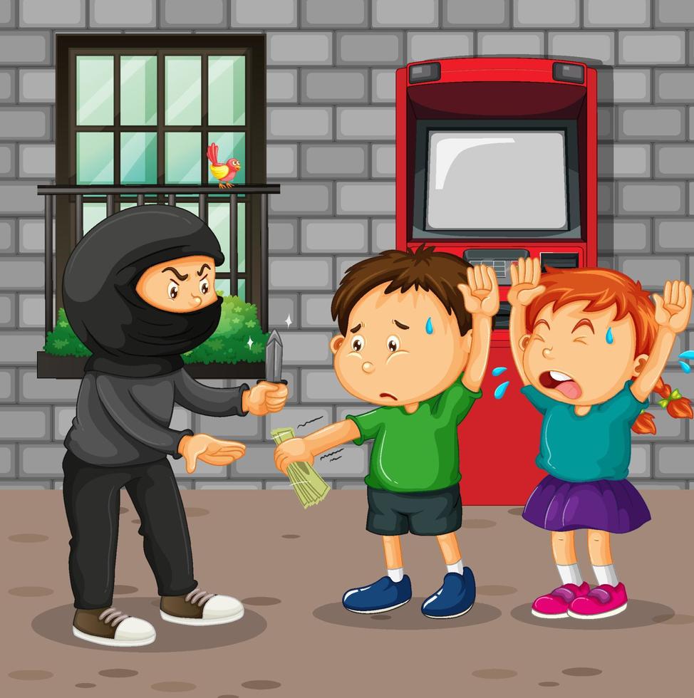 scena del bancomat con un ragazzo minacciato da un rapinatore vettore