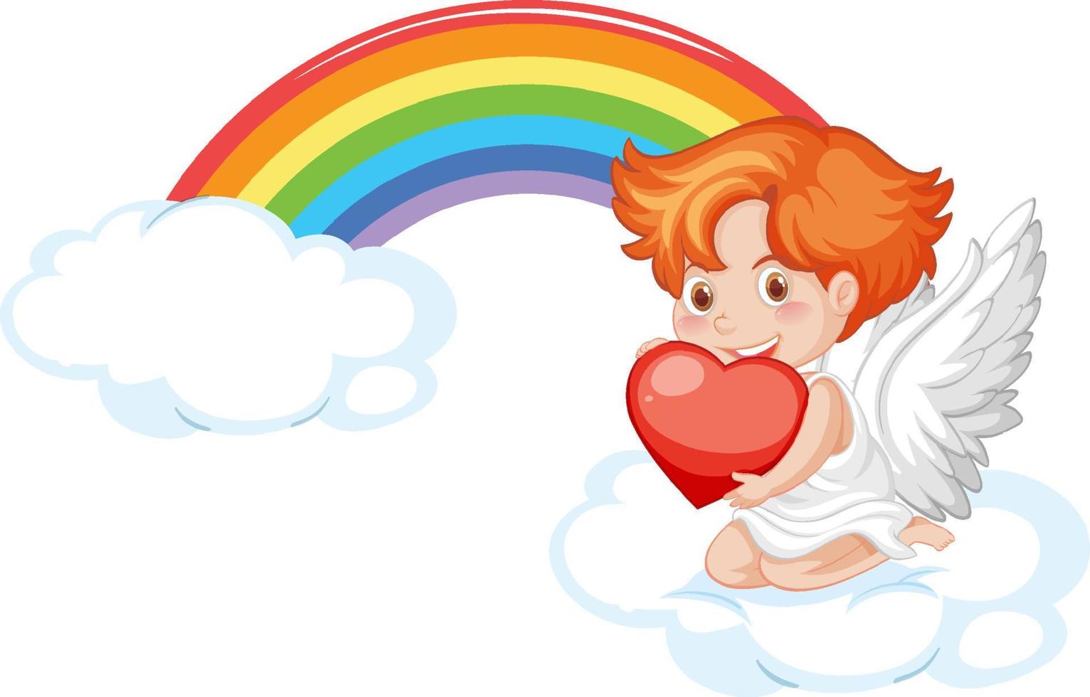 ragazzo angelo che tiene un cuore rosso su sfondo arcobaleno vettore