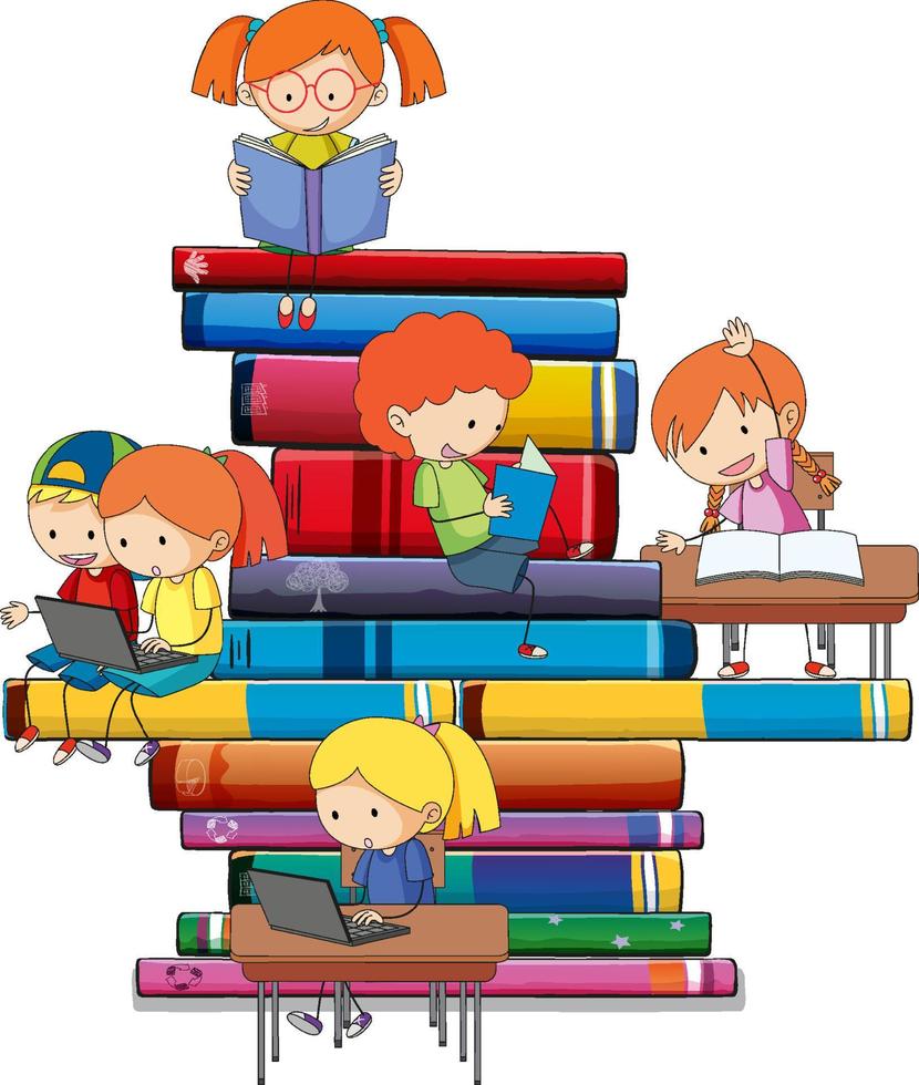 i bambini stanno leggendo libri su una pila di libri vettore