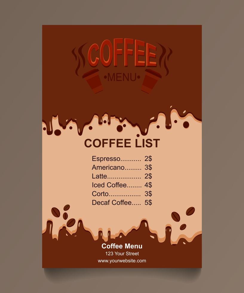 design del menu del caffè marrone. vettore dell'alimento del caffè della bevanda del ristorante.