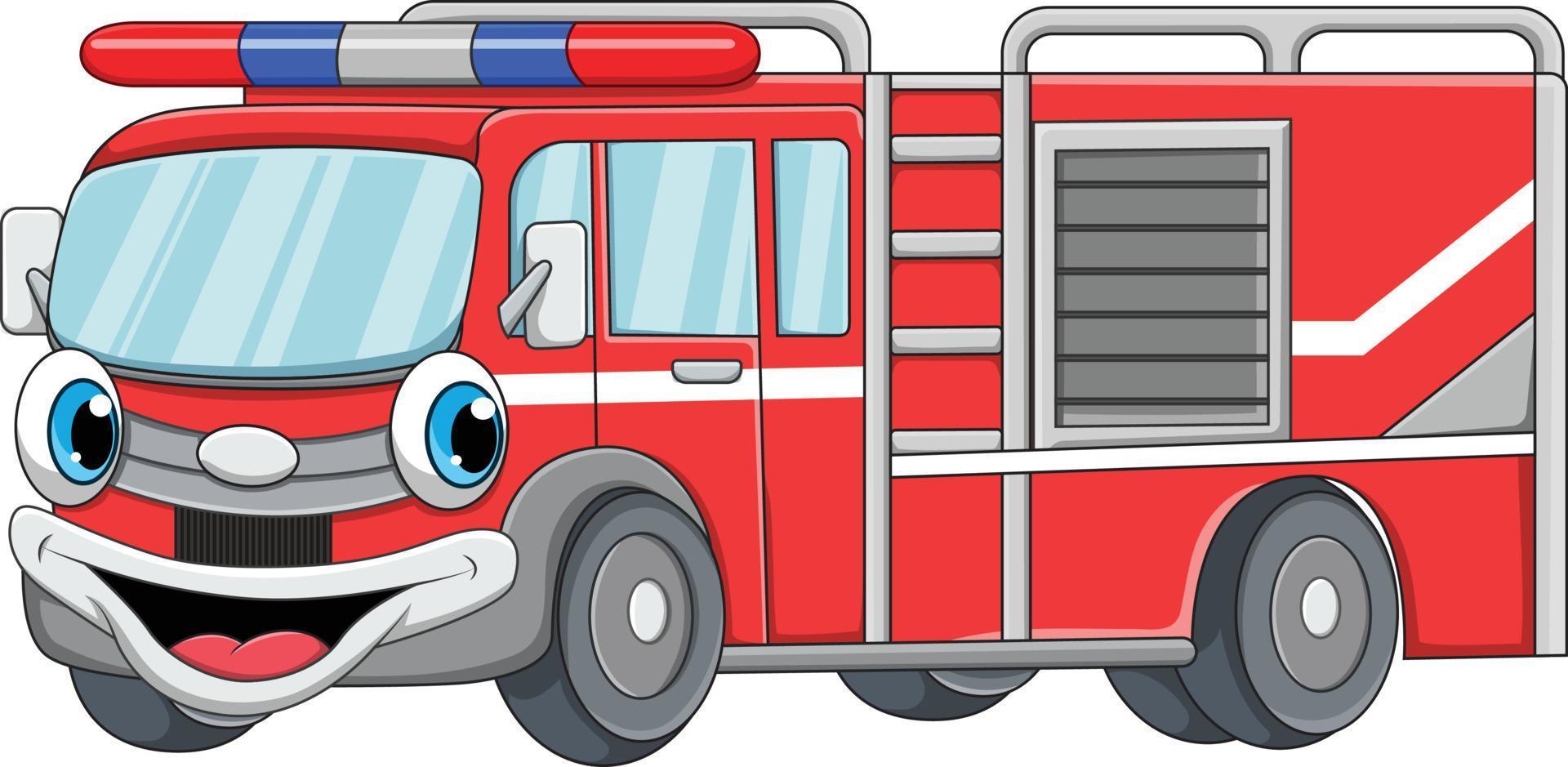 cartone animato carino mascotte del camion dei pompieri vettore