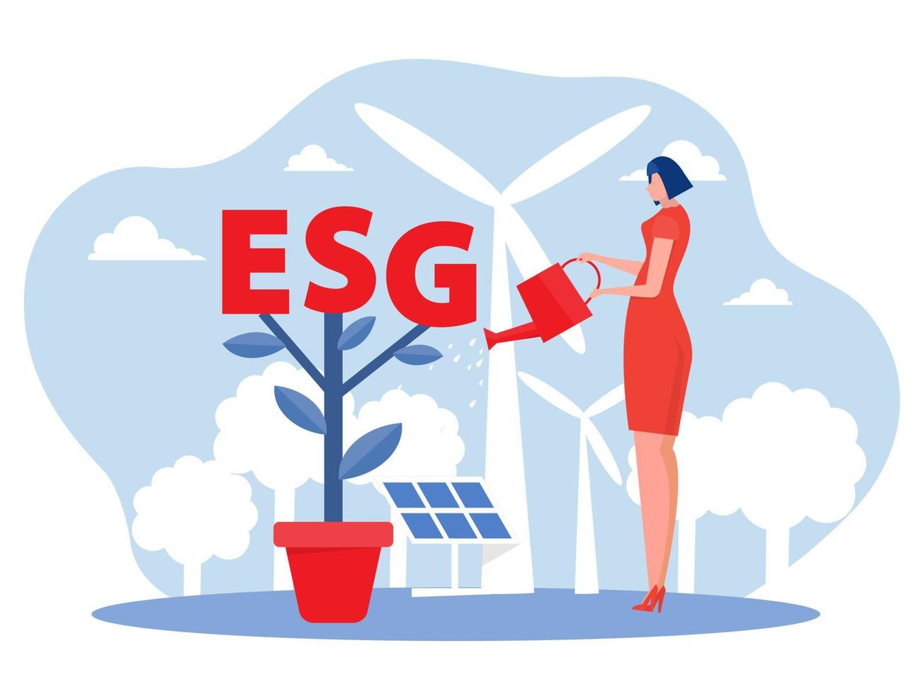 donna innaffia le piante con esg grande parola o ecologia problema sfondo illustratore vettoriale