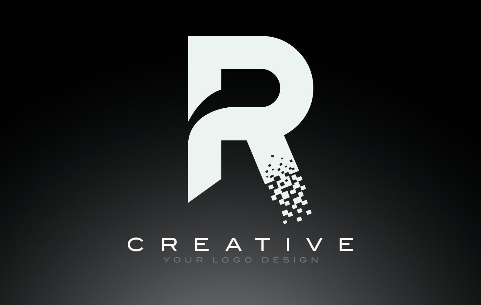r design del logo della lettera iniziale con pixel digitali in bianco e nero viola. vettore