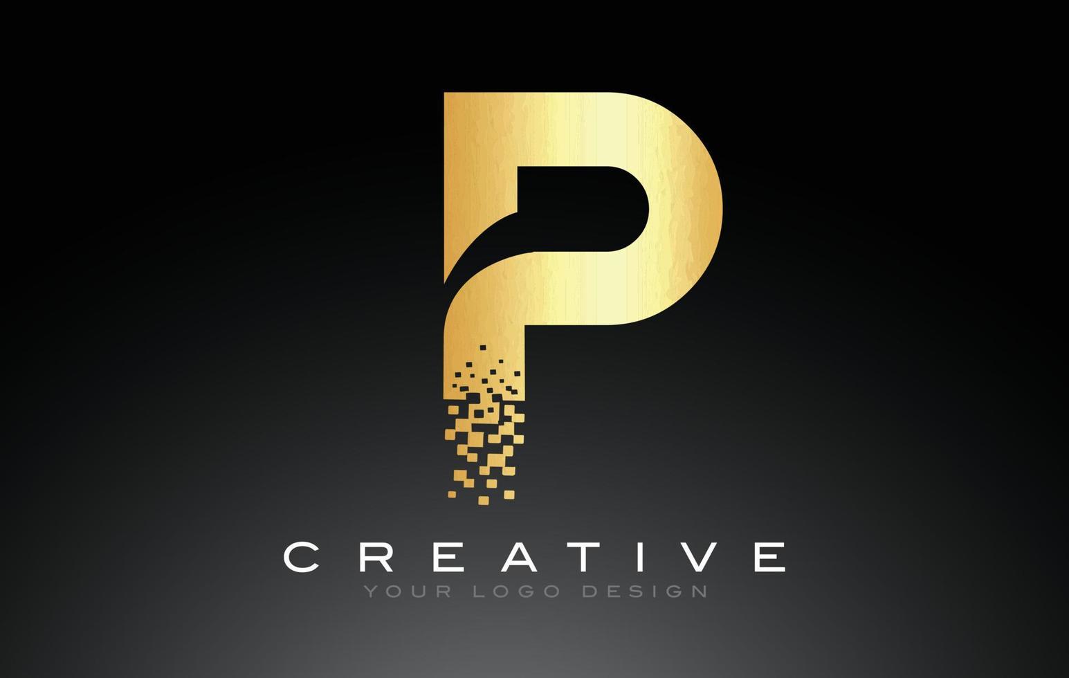 p design del logo della lettera iniziale con pixel digitali in colori dorati. vettore