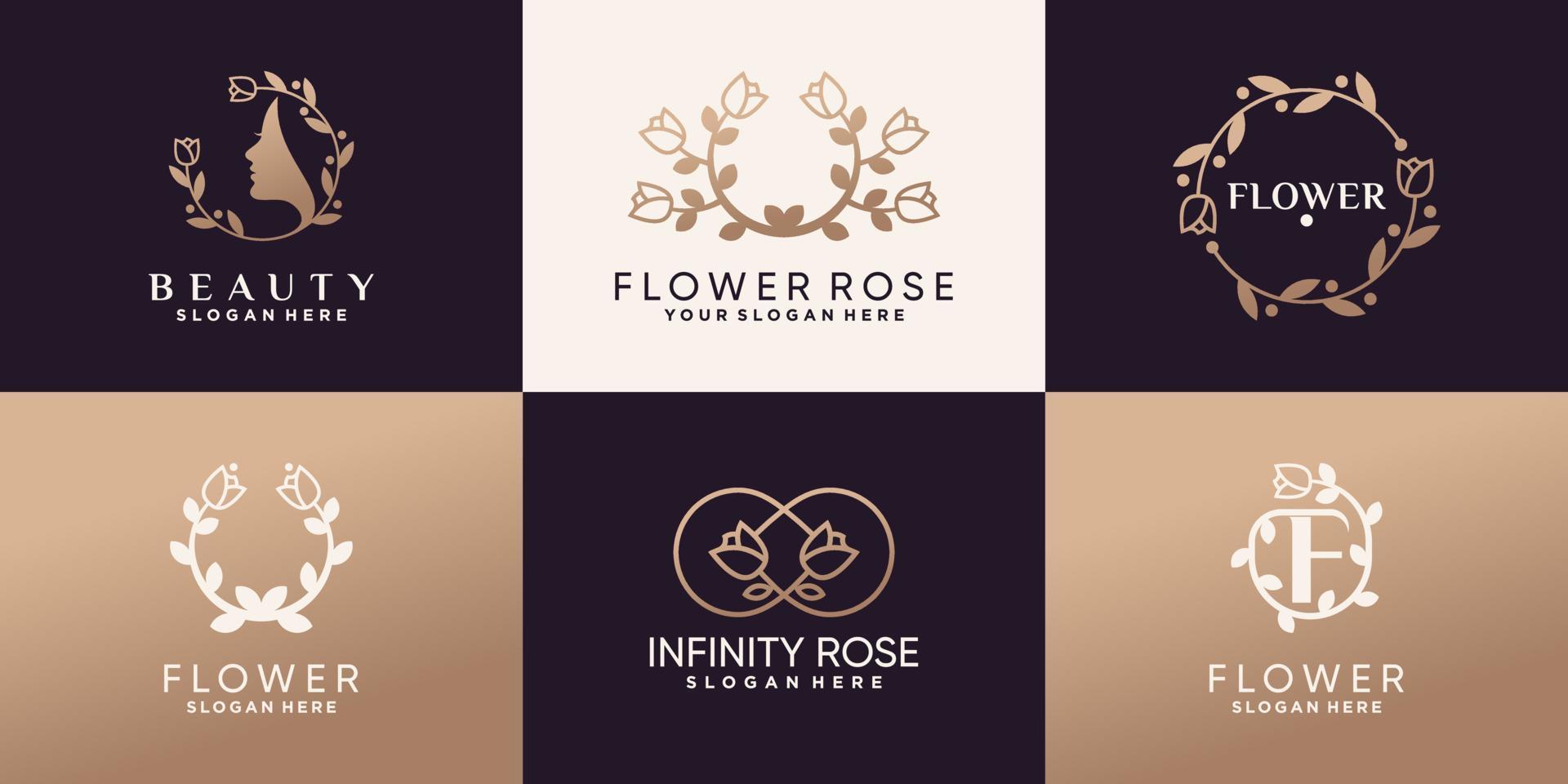 impostare il pacchetto di bellezza e il design del logo della rosa del fiore con uno stile lineare e un vettore premium di concetto unico creativo