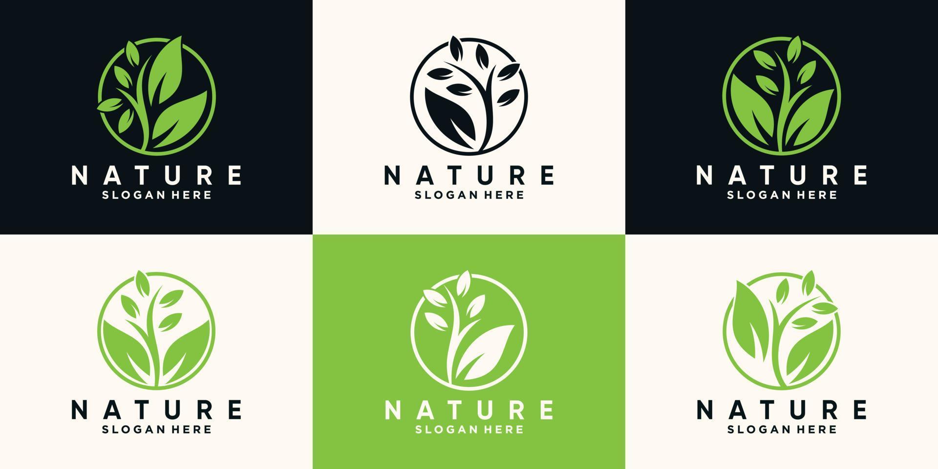 impostare il logo della natura e dell'albero con lo stile artistico al tratto e il vettore premium del concetto di cerchio unico