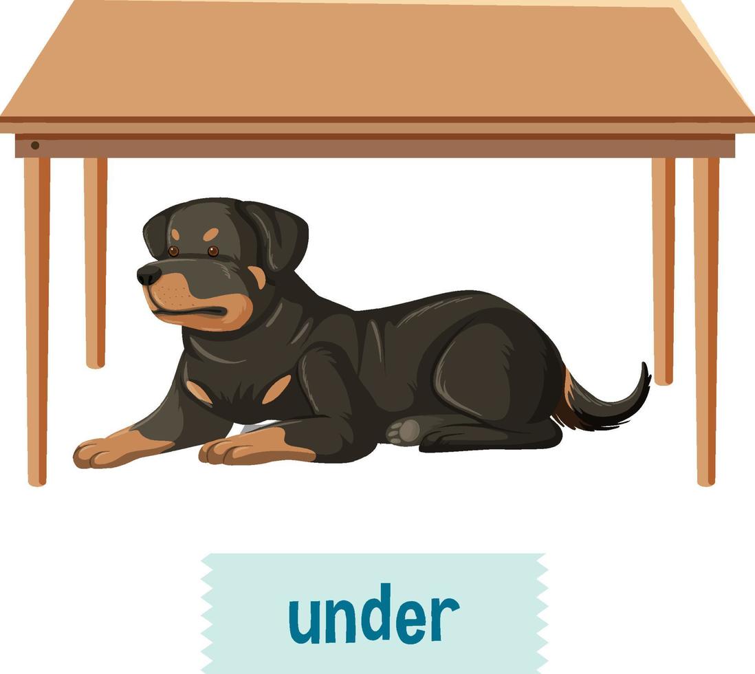 preposizione di posto con cane cartone animato e un tavolo vettore