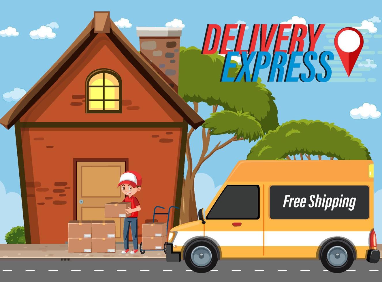 corriere che consegna pacchi con logo deliver express vettore