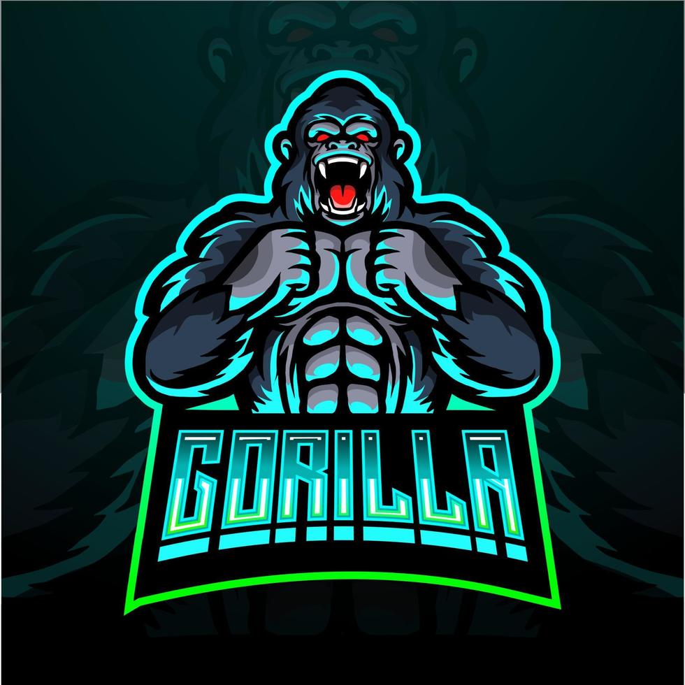 design della mascotte del logo esport di gorilla vettore