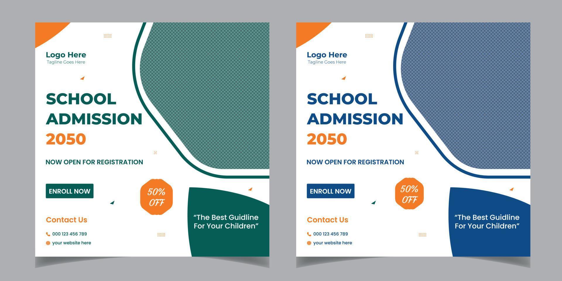 modello di progettazione di banner per post sui social media per volantini quadrati professionali per l'ammissione alla scuola per bambini vettore