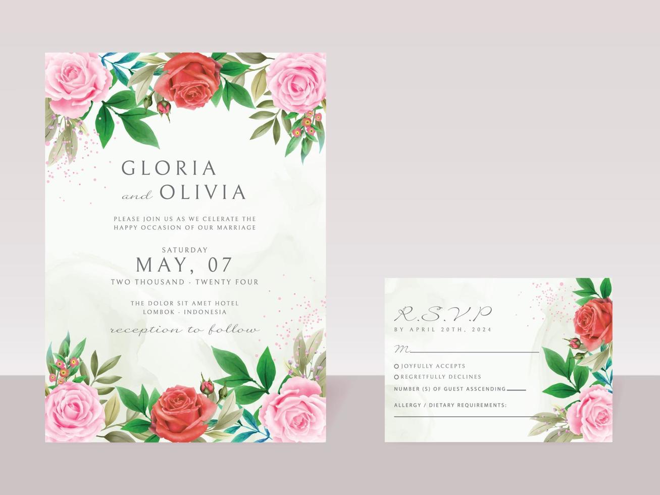 modello di carta di inviti di nozze romantico fiori rossi e rosa vettore