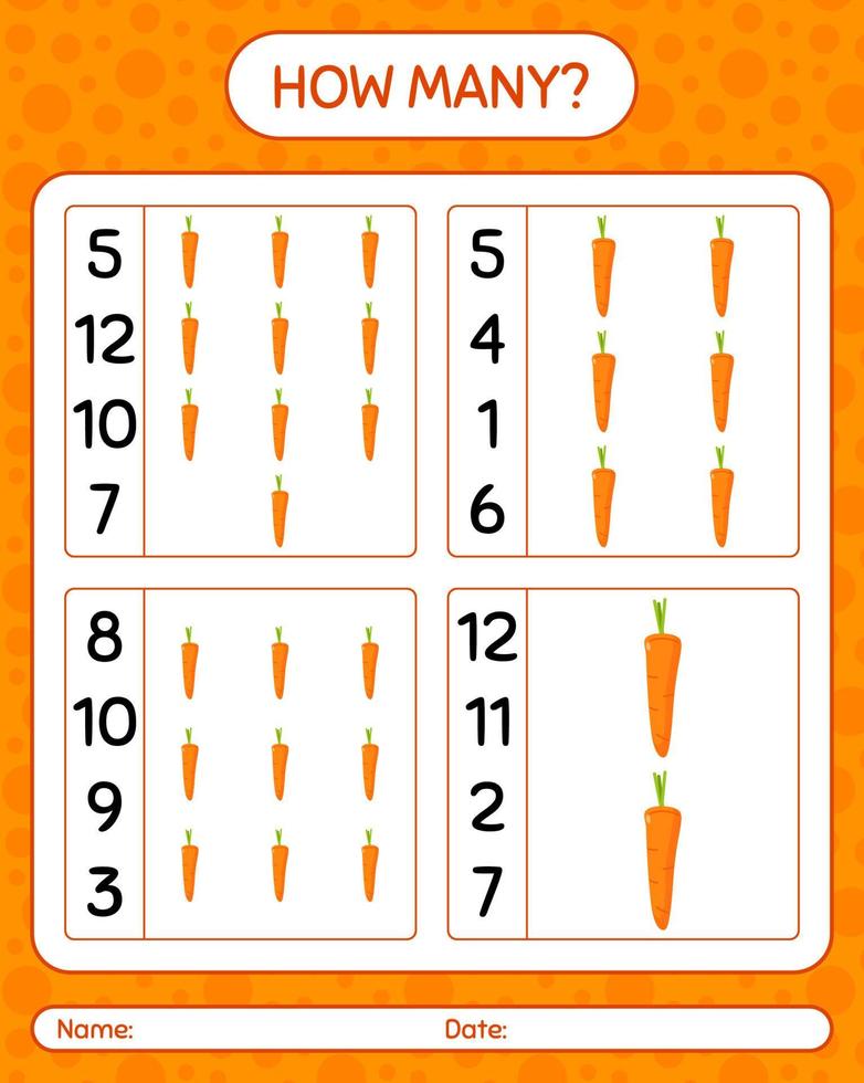 quanti contano il gioco con la carota. foglio di lavoro per bambini in età prescolare, foglio di attività per bambini, foglio di lavoro stampabile vettore