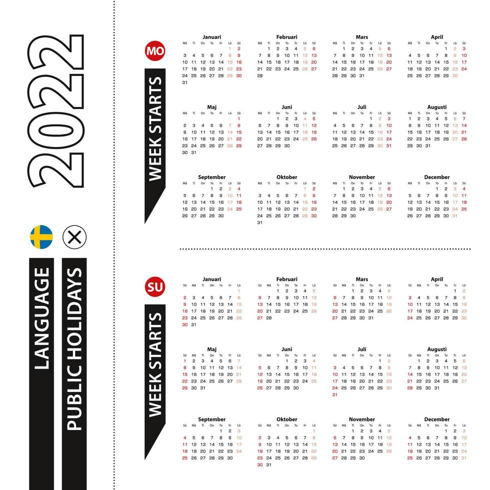 due versioni del calendario 2022 in svedese, la settimana inizia dal lunedì e la settimana inizia dalla domenica. vettore