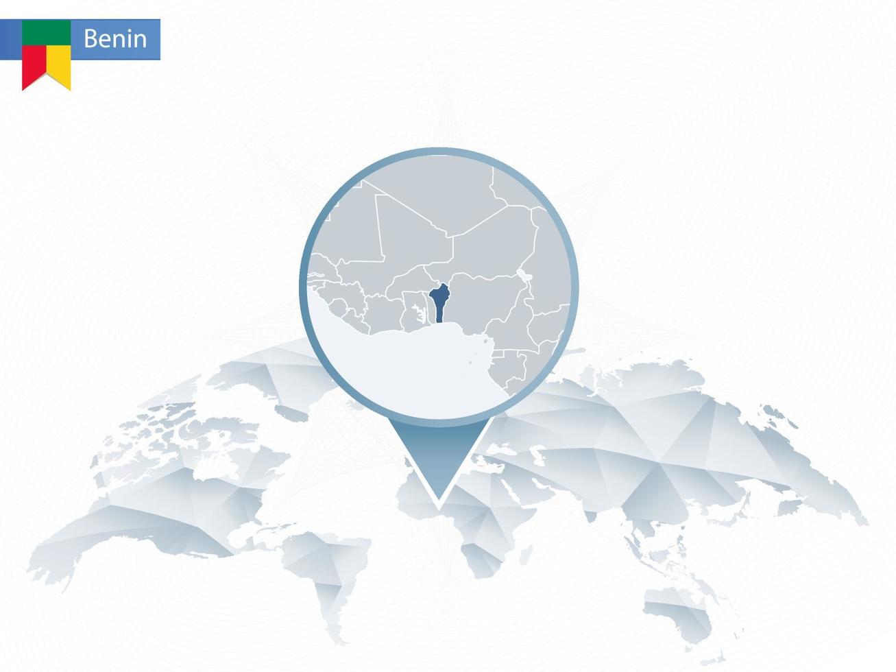 mappa del mondo arrotondata astratta con mappa dettagliata del benin appuntata. vettore