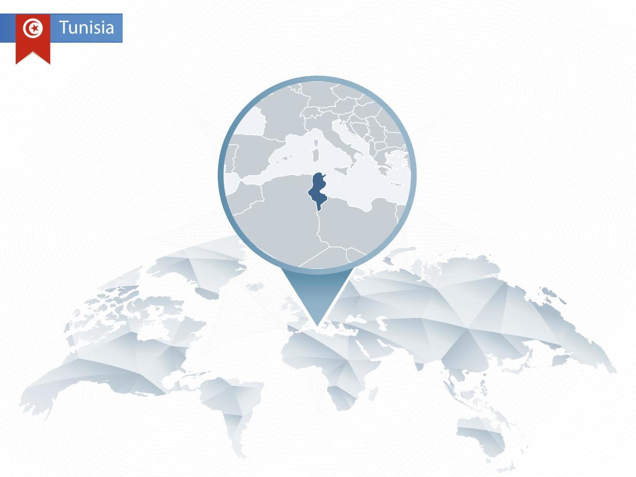 mappa del mondo arrotondata astratta con mappa dettagliata della tunisia appuntata. vettore
