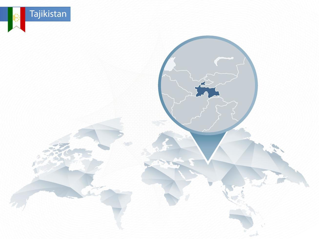 mappa del mondo arrotondata astratta con mappa dettagliata del tagikistan appuntata. vettore