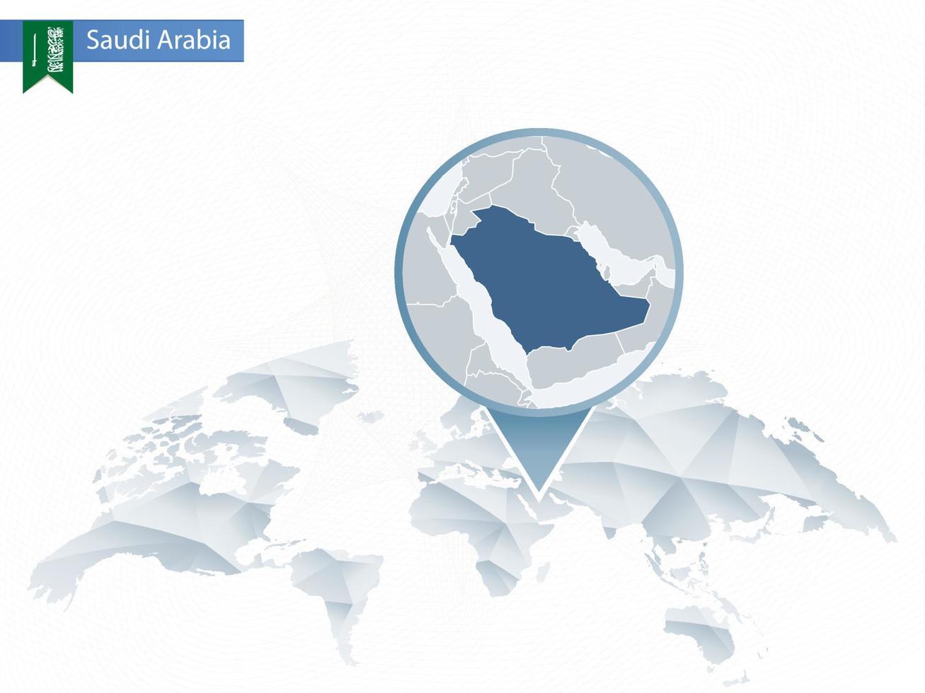 mappa del mondo arrotondata astratta con mappa dettagliata dell'Arabia Saudita appuntata. vettore