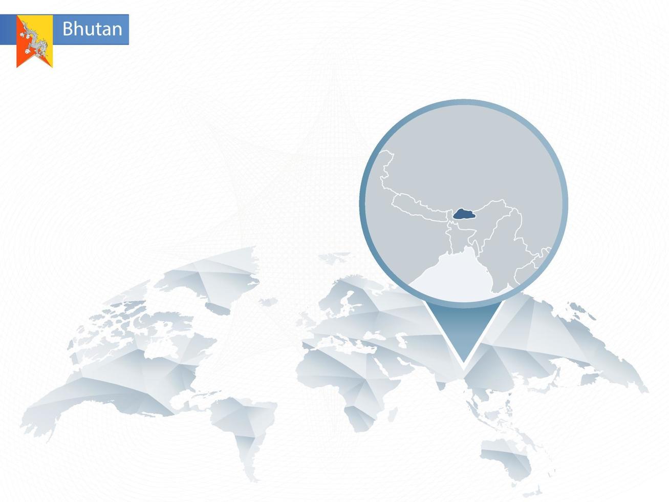 mappa del mondo arrotondata astratta con mappa dettagliata del bhutan appuntata. vettore