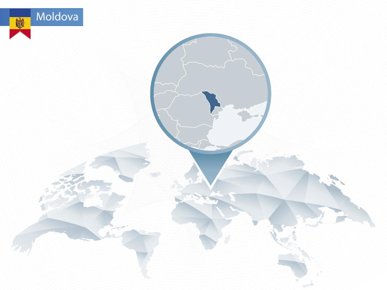 mappa del mondo arrotondata astratta con mappa dettagliata della Moldavia appuntata. vettore