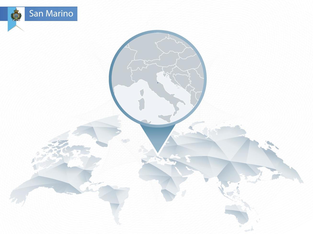 mappa del mondo arrotondata astratta con mappa dettagliata di san marino appuntata. vettore