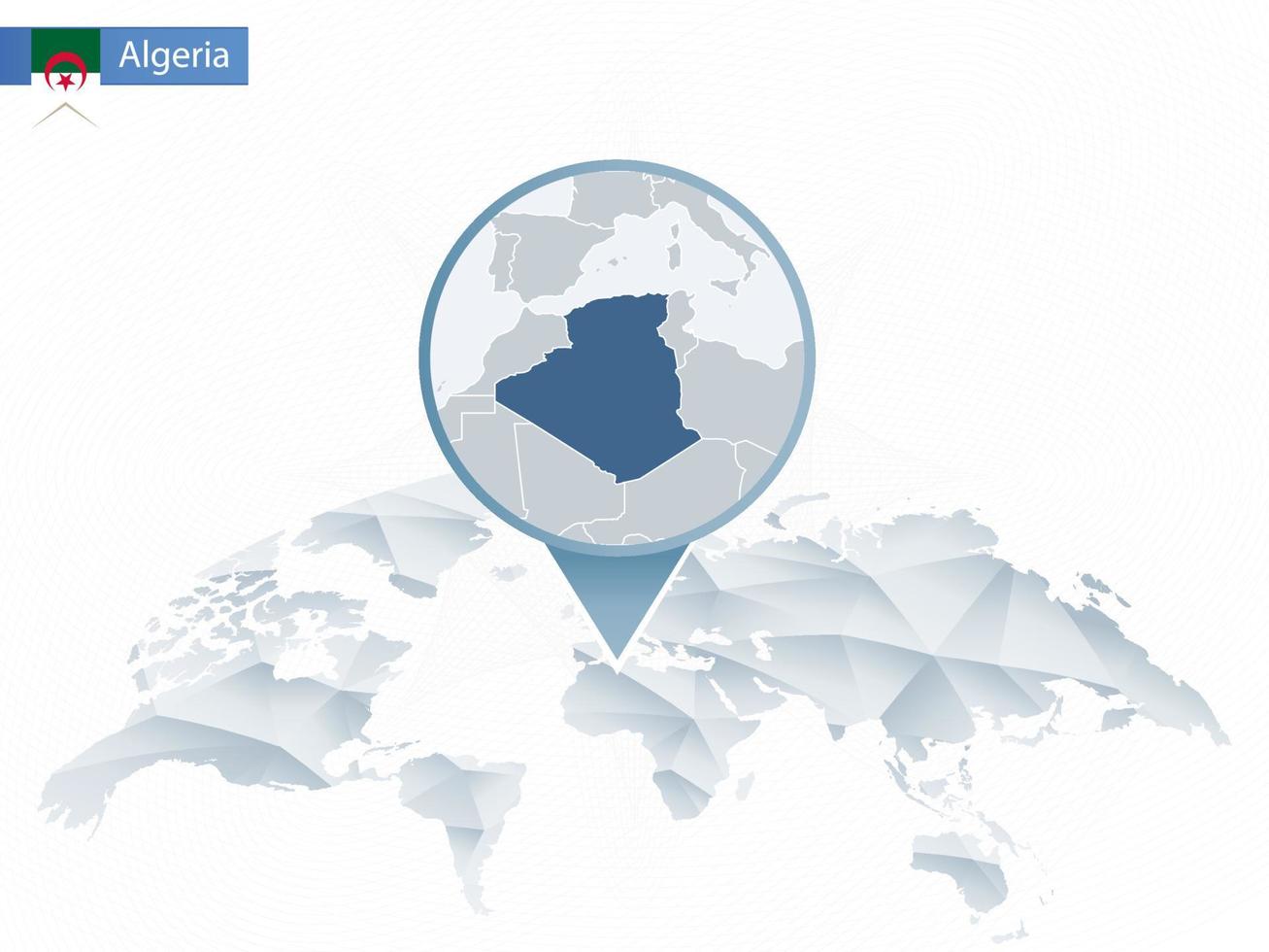 mappa del mondo arrotondata astratta con mappa dettagliata dell'Algeria appuntata. vettore