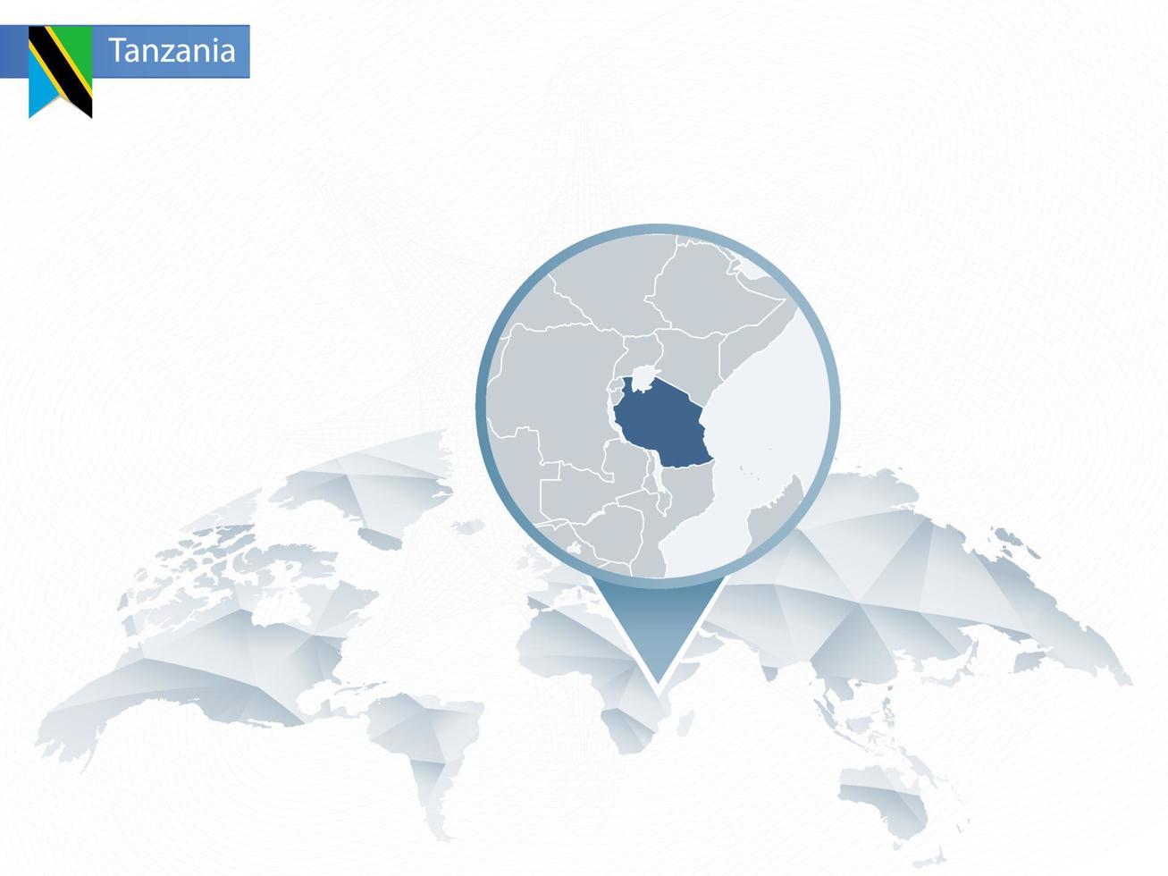 mappa del mondo arrotondata astratta con mappa dettagliata della tanzania appuntata. vettore