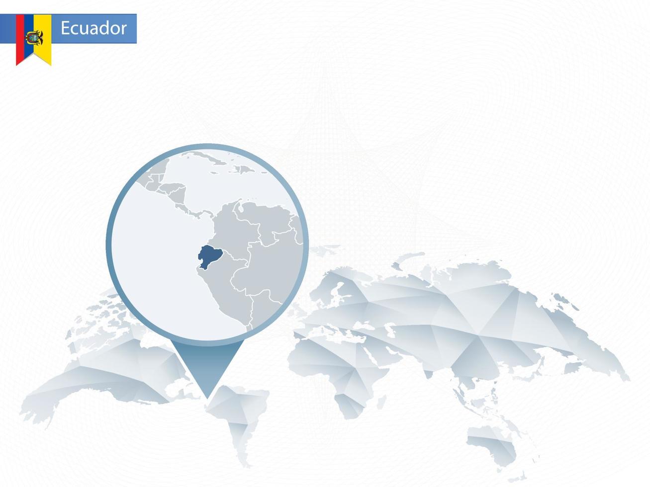 mappa del mondo arrotondata astratta con mappa dettagliata dell'ecuador appuntata. vettore