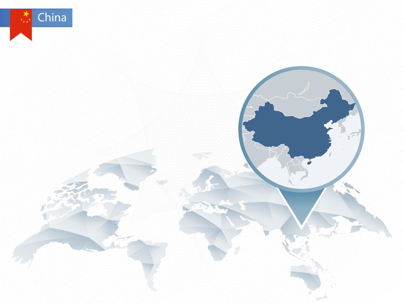 mappa del mondo arrotondata astratta con mappa dettagliata della Cina appuntata. vettore