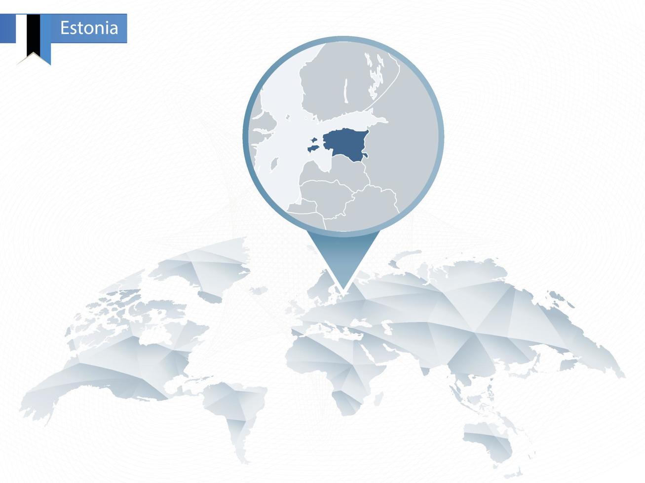 mappa del mondo arrotondata astratta con mappa dettagliata dell'Estonia appuntata. vettore