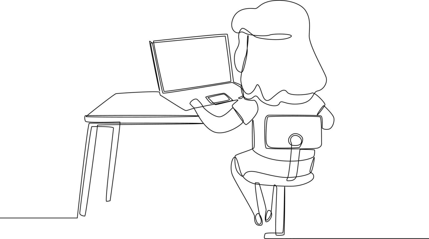 semplice disegno a linea continua bambina seduta e studiando sul computer portatile. illustrazione vettoriale. vettore