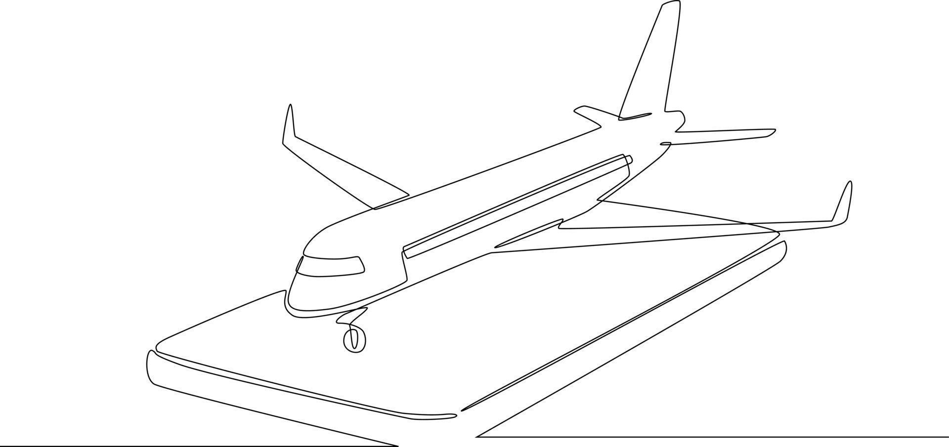 disegno continuo di una linea dell'aereo di atterraggio sullo smartphone. illustrazione grafica vettoriale di disegno a linea singola.