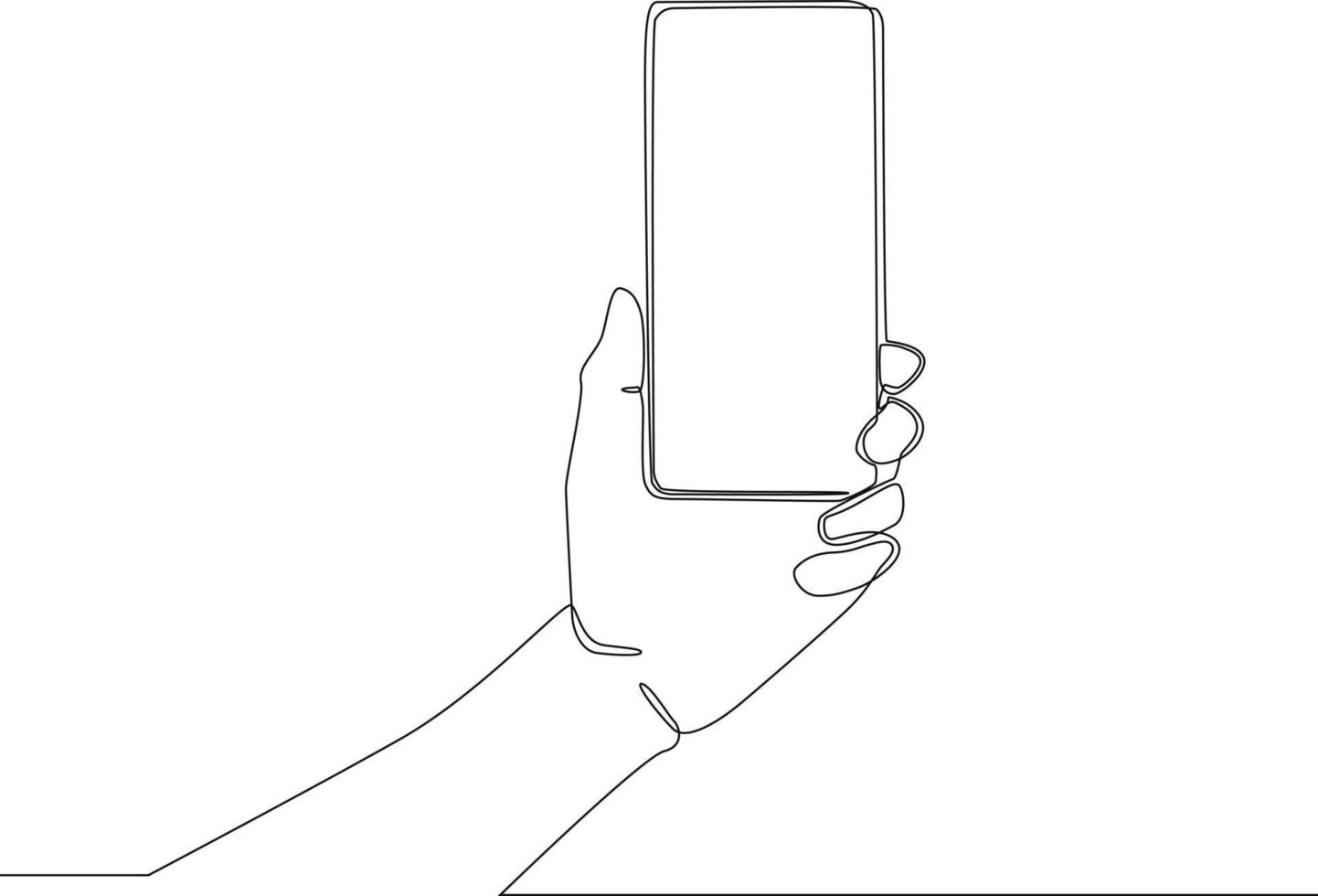 mano dell'uomo di disegno continuo di una linea che tiene lo schermo vuoto dello smartphone con posizioni verticali. illustrazione grafica vettoriale di disegno a linea singola.