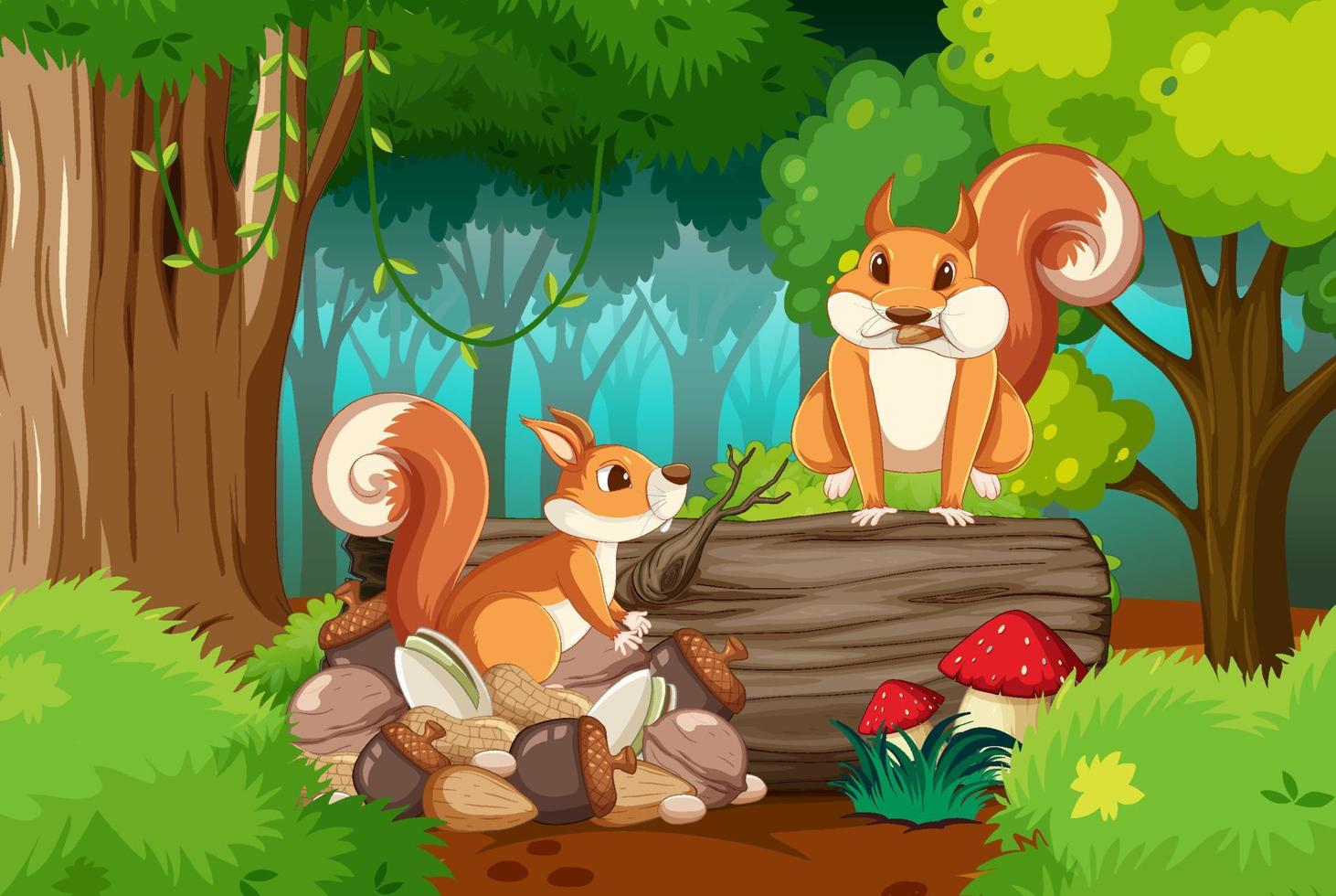 scena con scoiattoli nella foresta vettore