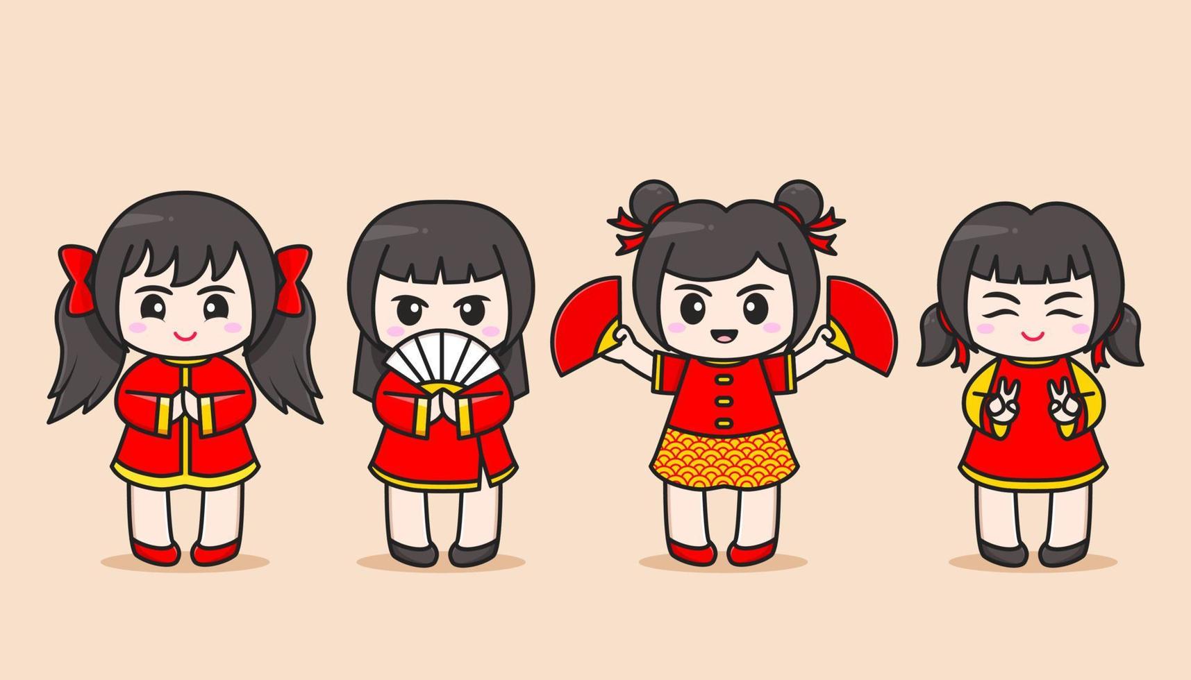 gruppo di ragazze cinesi in costume rosso vettore