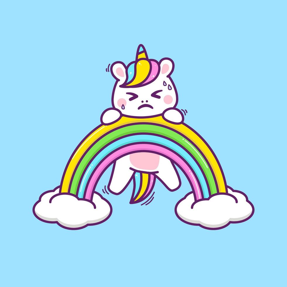 simpatico unicorno che si arrampica sull'arcobaleno vettore