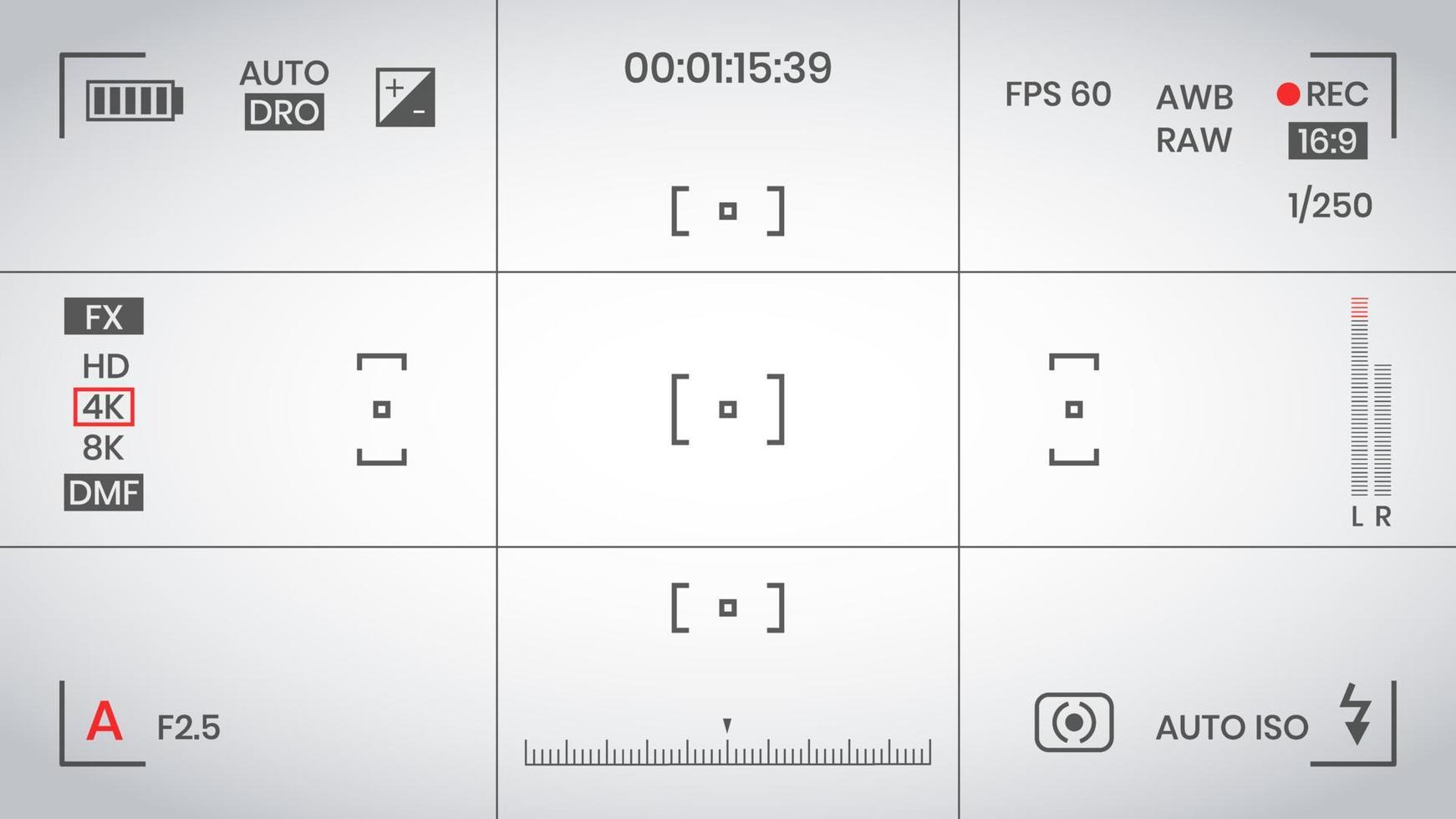 mirino della fotocamera video o registratore cornice per foto in stile piatto illustrazione vettoriale. mirino della fotocamera digitale con impostazioni di esposizione e modello di griglia di messa a fuoco. vettore