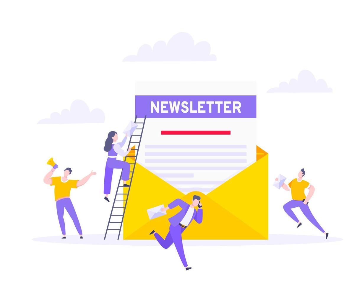 iscriviti ora alla nostra illustrazione vettoriale di newsletter con persone minuscole che lavorano con buste e newsletter.