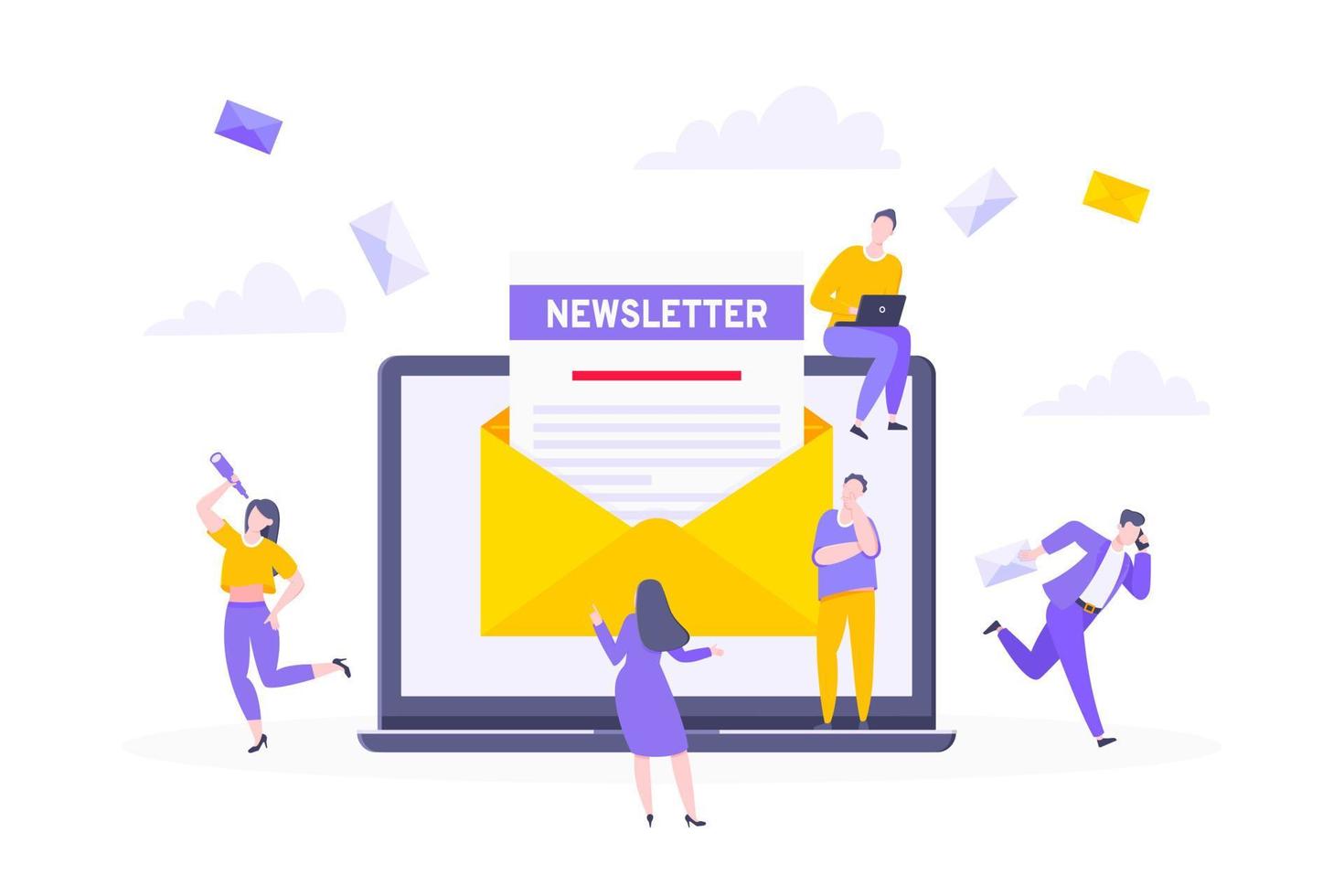 iscriviti ora alla nostra illustrazione vettoriale di newsletter con persone minuscole che lavorano con laptop, buste e newsletter.