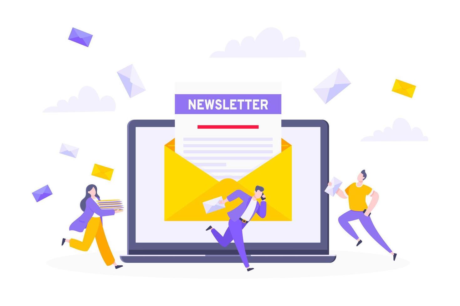 iscriviti ora alla nostra illustrazione vettoriale di newsletter con persone minuscole che lavorano con laptop, buste e newsletter.