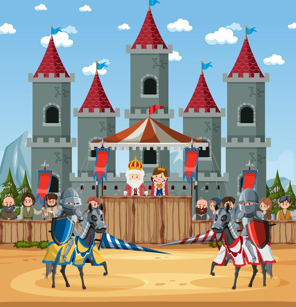 scena del castello medievale con guerrieri corazzati che combattono vettore