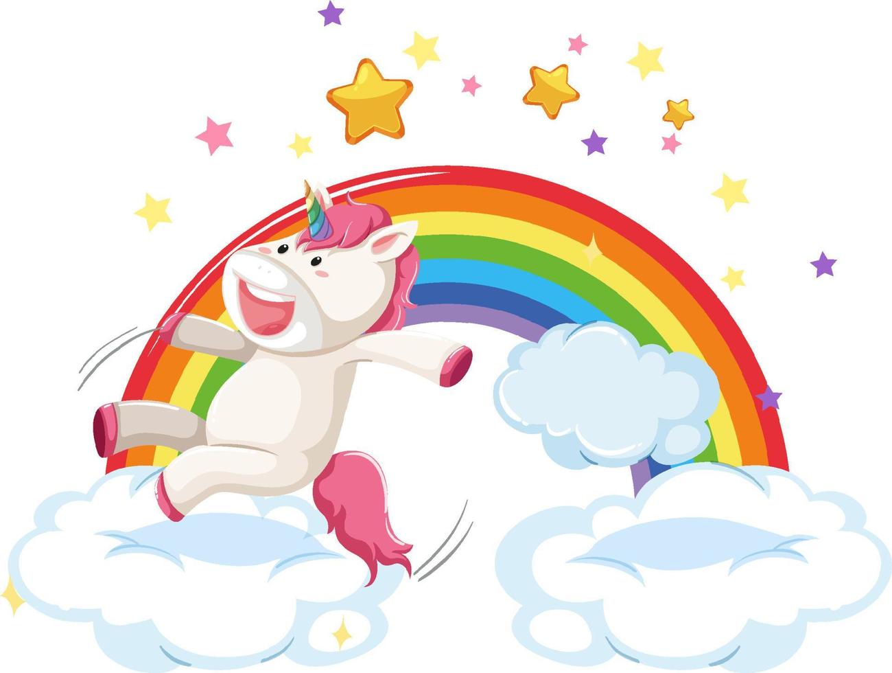 unicorno rosa che salta su una nuvola con arcobaleno vettore