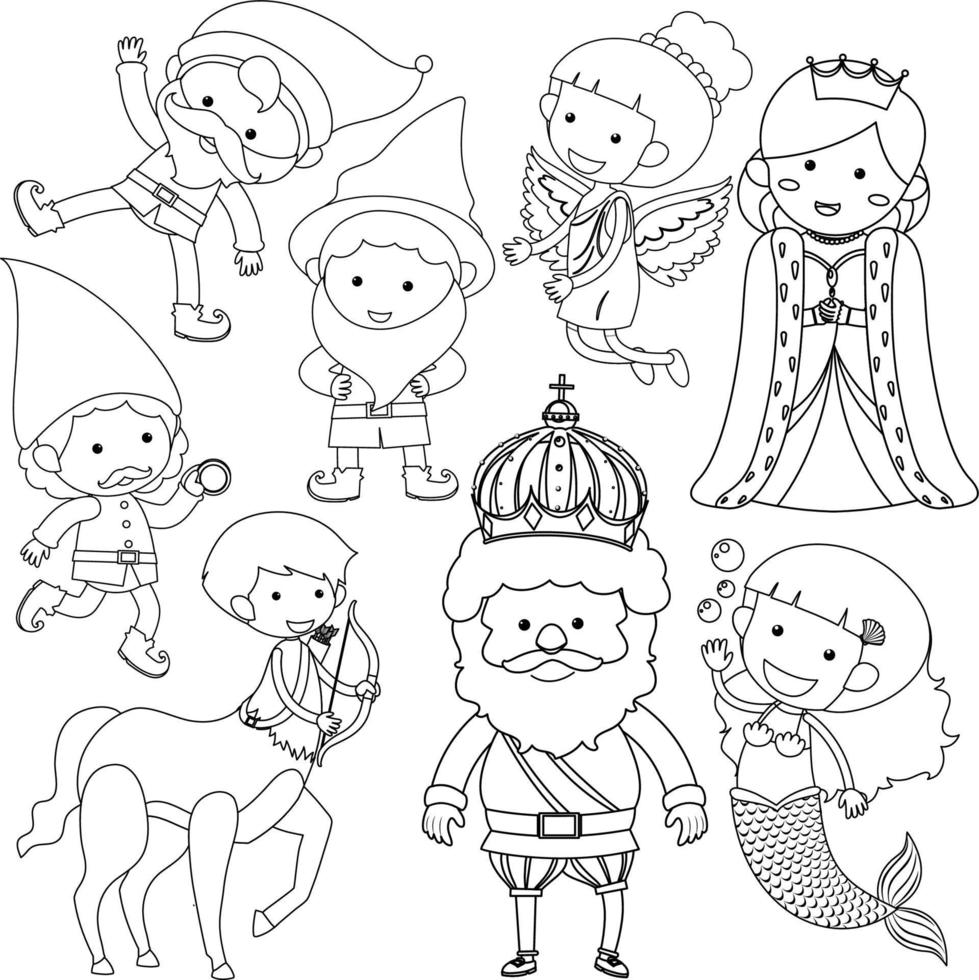 una serie di doodle sul personaggio fantasy su sfondo bianco vettore