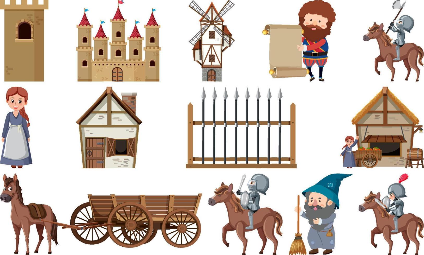 set di edifici di personaggi medievali vettore