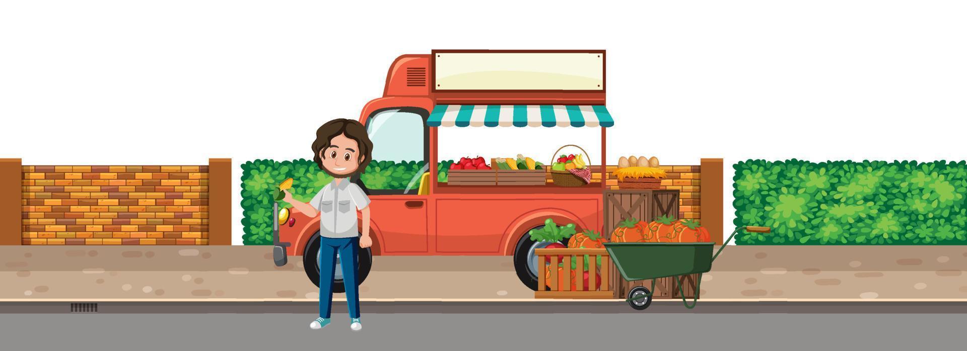 uomo in piedi dal camion della verdura vettore