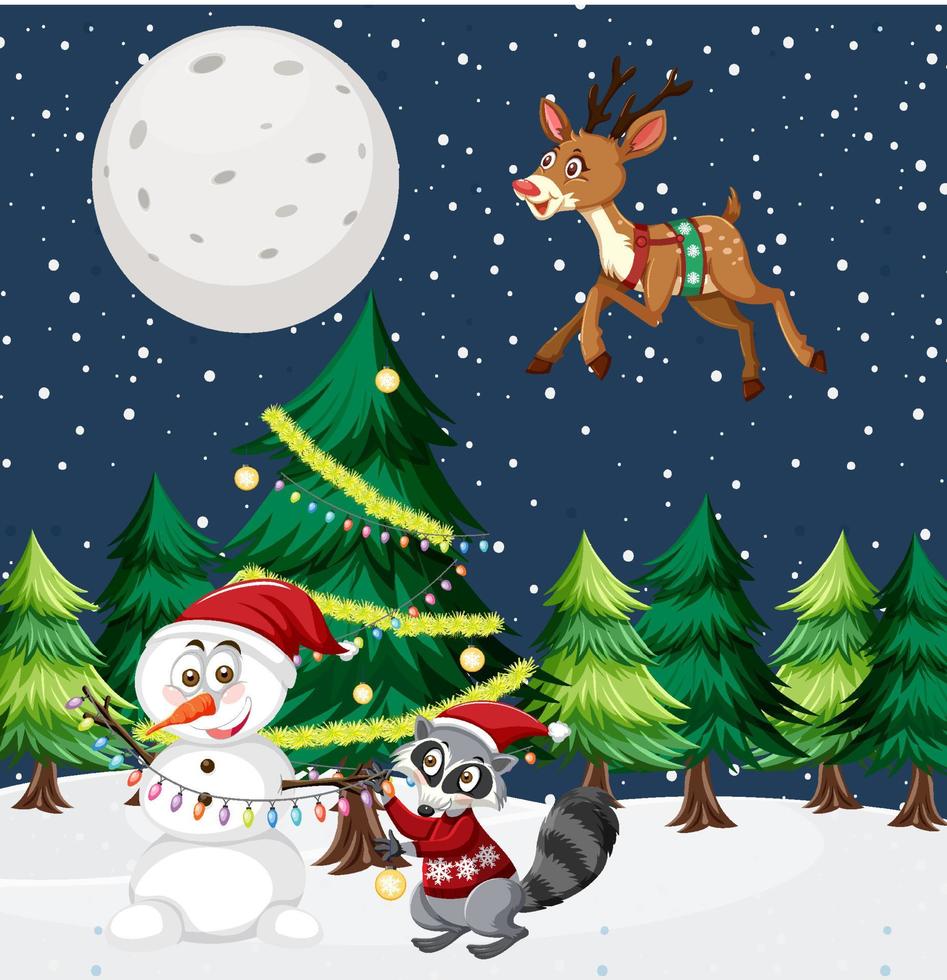 tema natalizio con pupazzo di neve e animali vettore