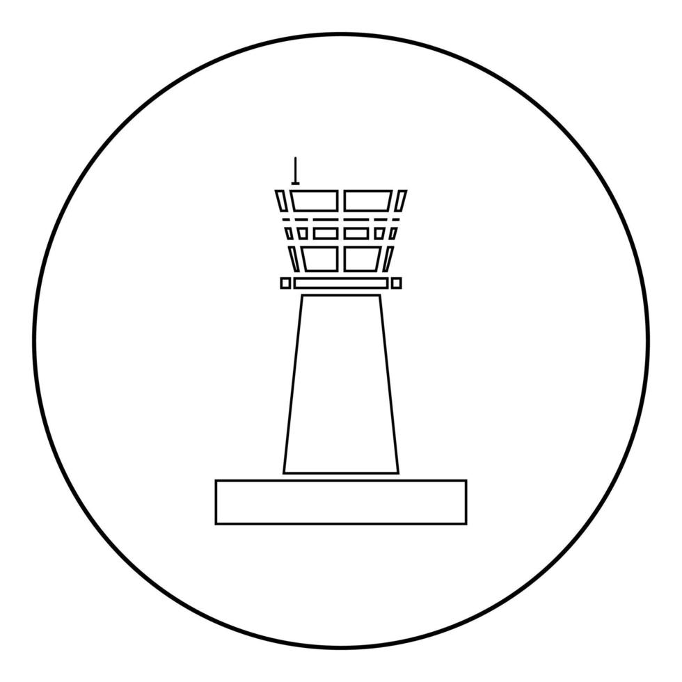 icona della torre di controllo dell'aeroporto della torre di controllo del traffico aereo in cerchio contorno rotondo colore nero illustrazione vettoriale immagine in stile piatto