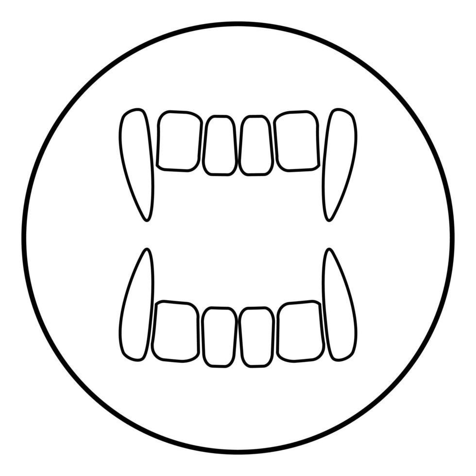 icona dei denti del vampiro colore nero in cerchio rotondo vettore