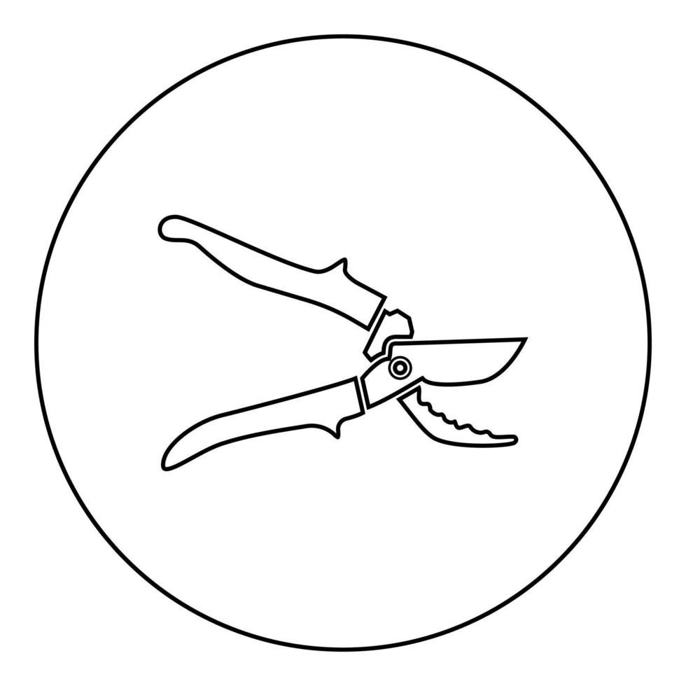Secateur potatore da giardino forbici tosatrici forbici a mano icona di taglio manuale in cerchio rotondo colore nero illustrazione vettoriale contorno solido immagine