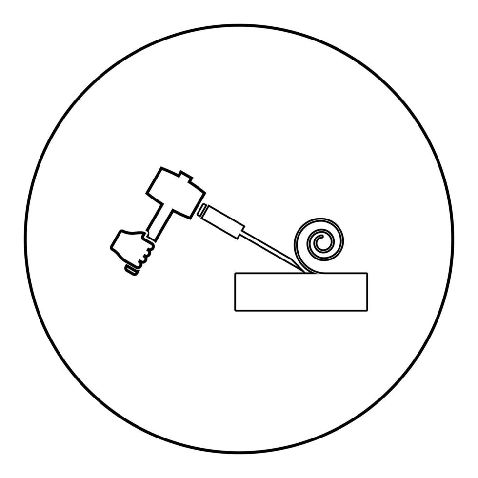 martello di legno con scalpello utilizzando trucioli di superficie di trattamento utilizzare braccio strumento per la lavorazione del legno officina pialla icona in cerchio rotondo colore nero illustrazione vettoriale contorno solido immagine