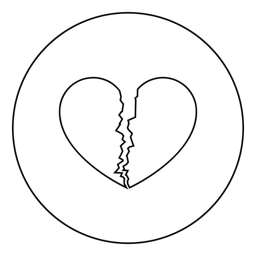 icona del cuore spezzato in cerchio contorno rotondo colore nero illustrazione vettoriale immagine in stile piatto